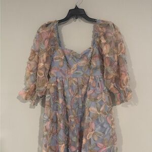 Pastel Floral Appliqué Midi Dress - Blue